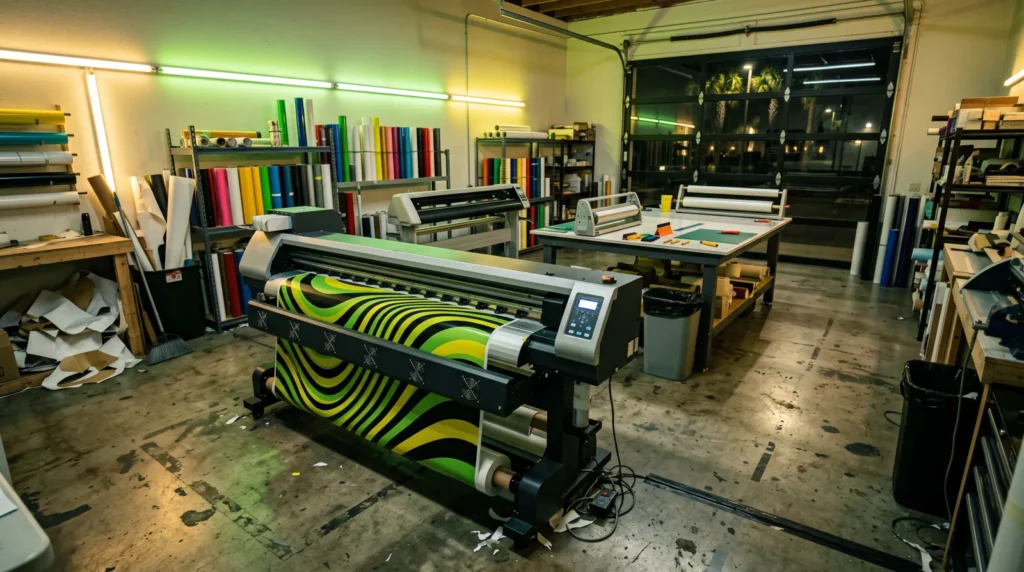 Taller con impresora de gran formato, plotter y rollos de vinil