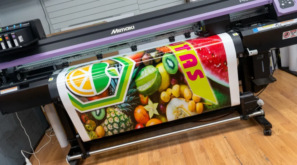 Impresora de gran formato imprimiendo un banner de frutas