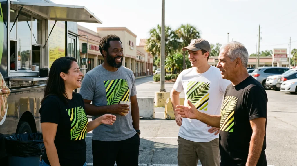Grupo de amigos con camisetas iguales impresas a todo color frente a un food truck